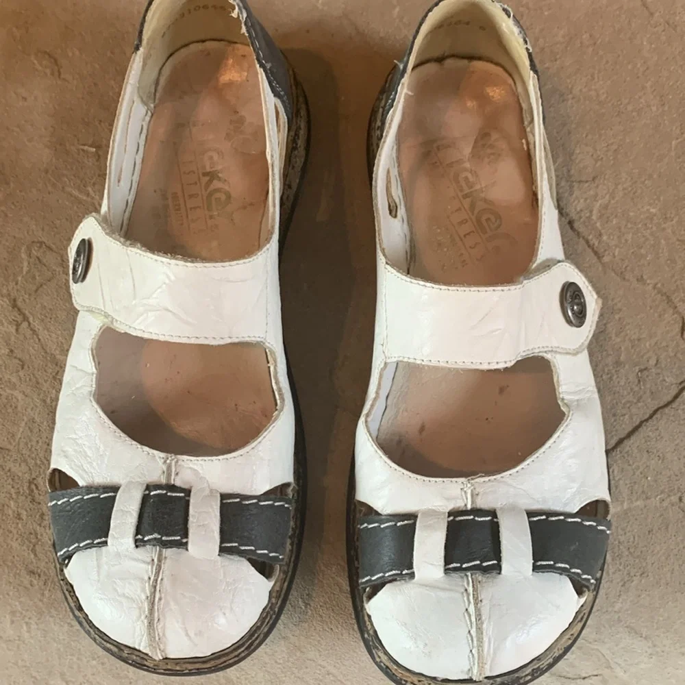 Rieker sz 38 white and dark blue/grey leather slip on shoes w/velcro closure